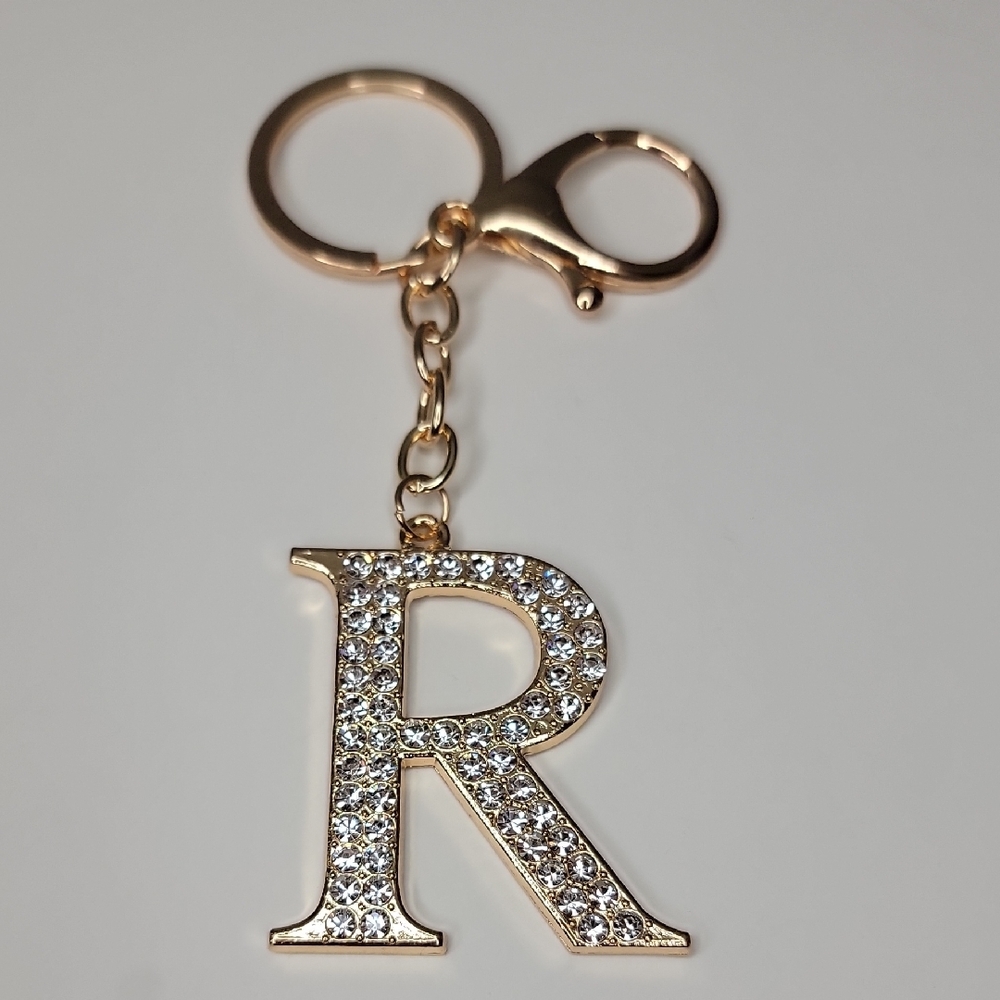 Letter R Initial R Alphabet R Rhinestone Gold Key Chain Bag Charm